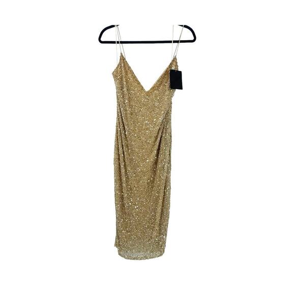 Retrofete Billie Sequin Midi V Neck Body Cone Dress Gold Cream Size XL NWT - Picture 11 of 11